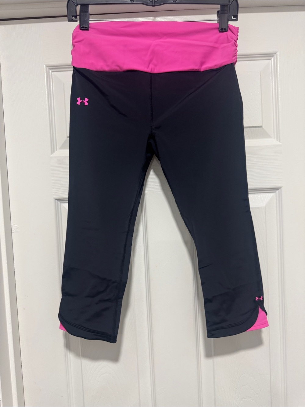 Under Armour Black and Hot Pink Fold-Over Waist Capri Leggings